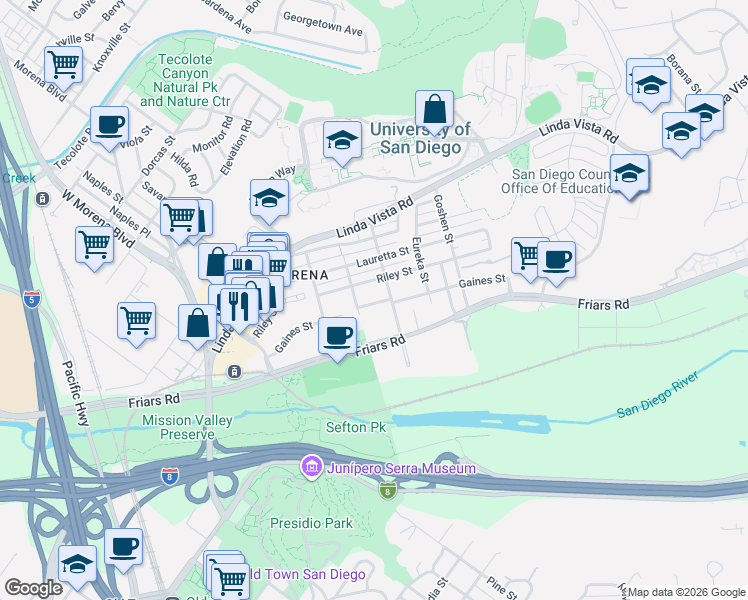 map of restaurants, bars, coffee shops, grocery stores, and more near 5663 Gaines Street in San Diego