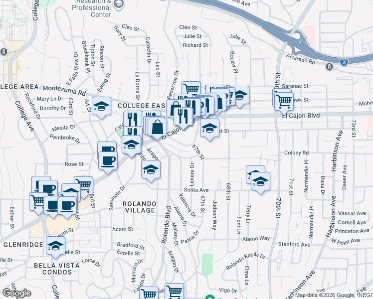 map of restaurants, bars, coffee shops, grocery stores, and more near 6673-75 Amherst Street in San Diego