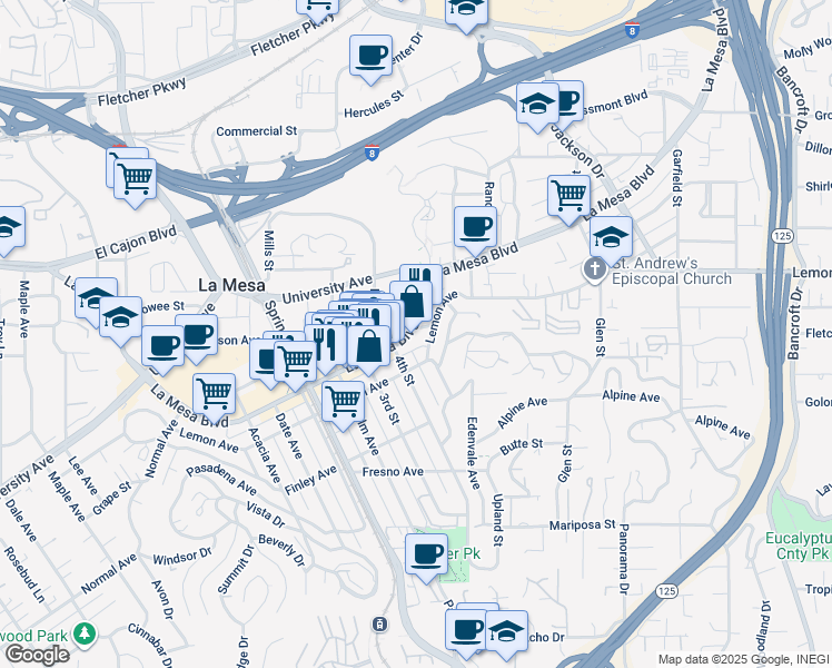 map of restaurants, bars, coffee shops, grocery stores, and more near 8407 La Mesa Boulevard in La Mesa