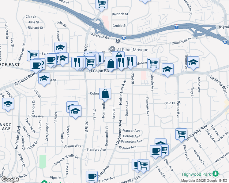 map of restaurants, bars, coffee shops, grocery stores, and more near 7200 Colony Road in La Mesa
