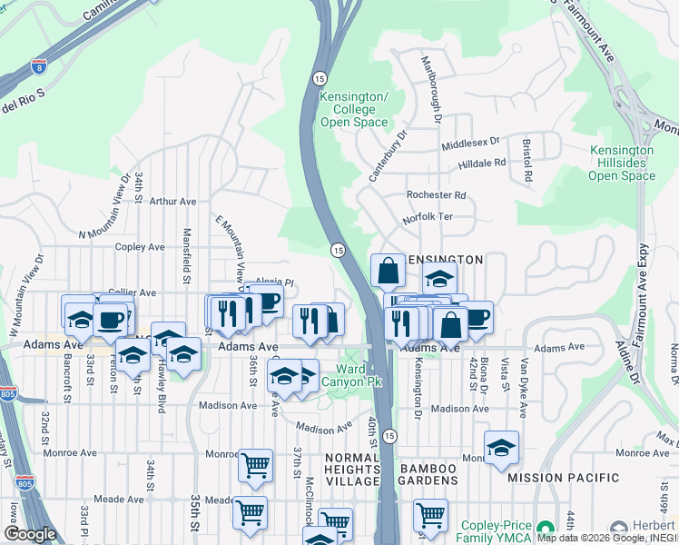 map of restaurants, bars, coffee shops, grocery stores, and more near 4865 39th Street in San Diego