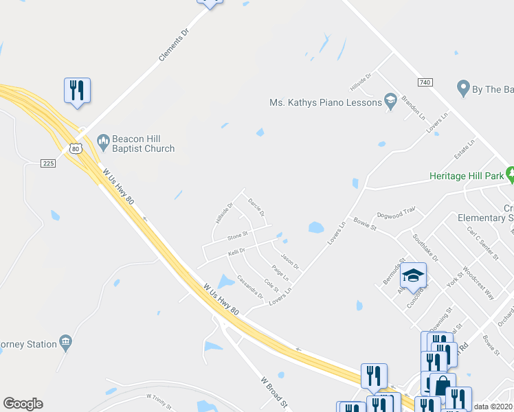 map of restaurants, bars, coffee shops, grocery stores, and more near 113 Darcie Drive in Forney