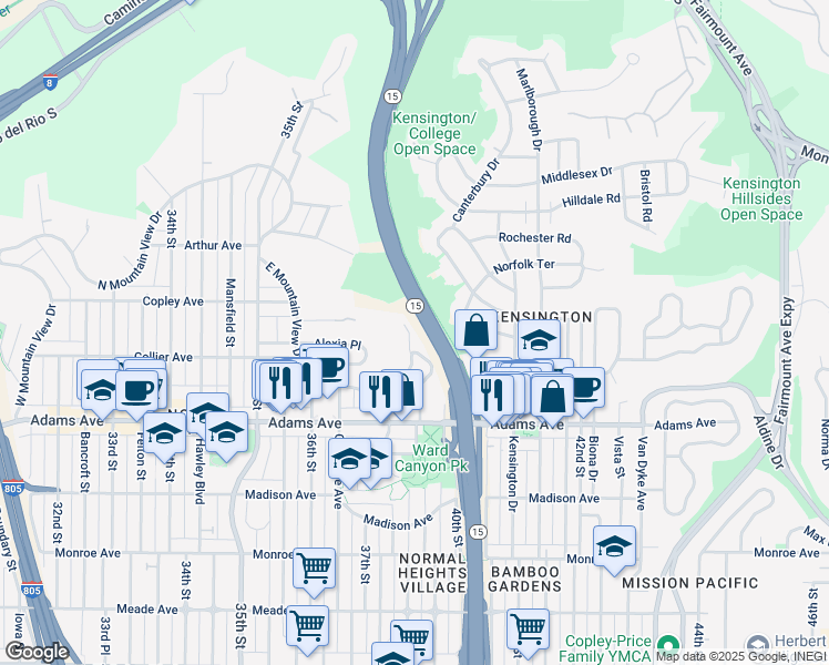 map of restaurants, bars, coffee shops, grocery stores, and more near 4865 39th Street in San Diego