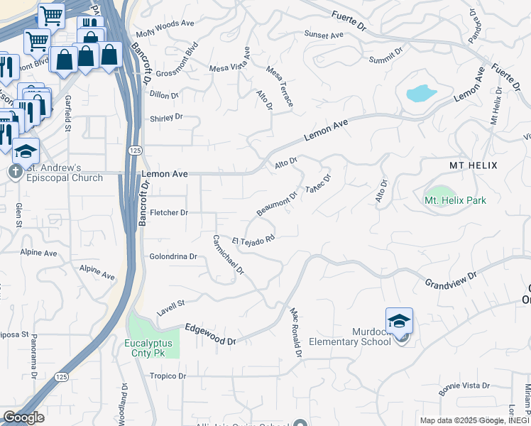 map of restaurants, bars, coffee shops, grocery stores, and more near 4815 Beaumont Drive in La Mesa