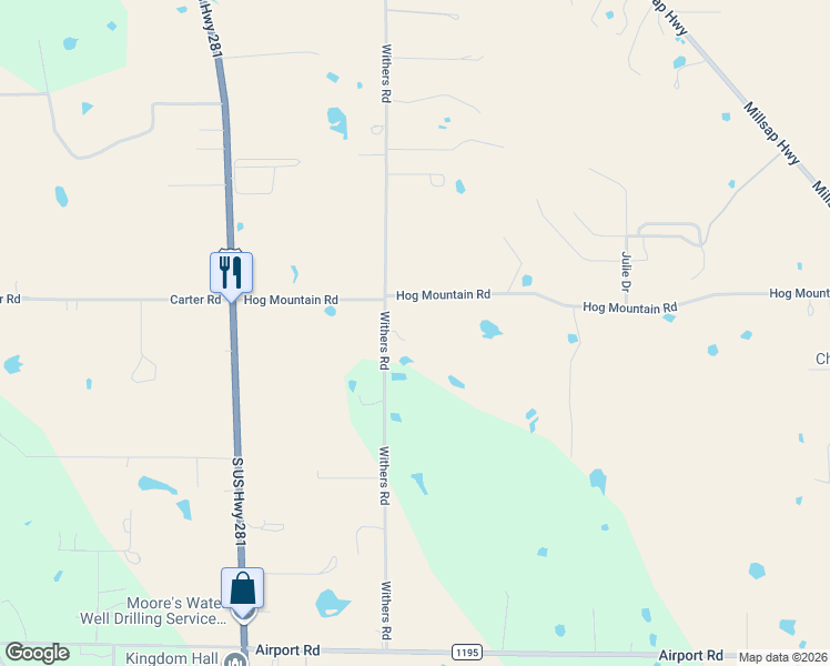 map of restaurants, bars, coffee shops, grocery stores, and more near 1375 Withers Road in Mineral Wells