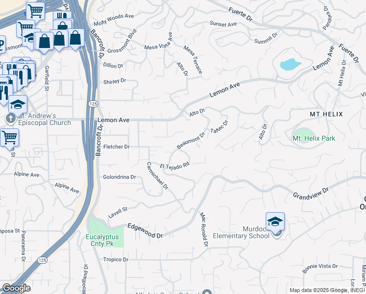 map of restaurants, bars, coffee shops, grocery stores, and more near 4815 Beaumont Drive in La Mesa