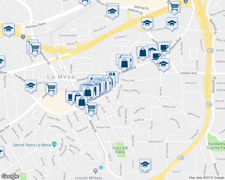 map of restaurants, bars, coffee shops, grocery stores, and more near 8401 Grant Avenue in La Mesa