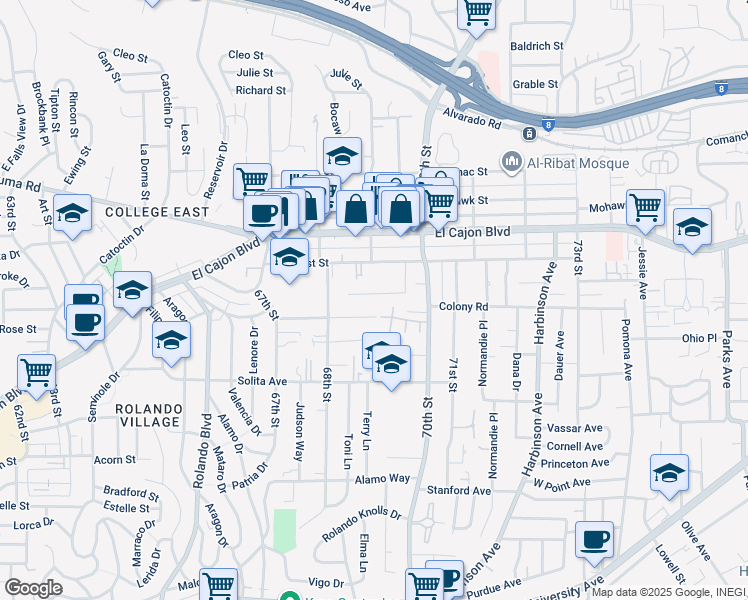 map of restaurants, bars, coffee shops, grocery stores, and more near 6891 Eberhart Street in San Diego