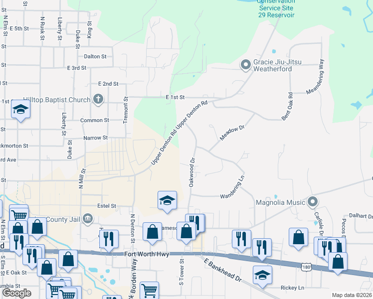 map of restaurants, bars, coffee shops, grocery stores, and more near 117 Oakwood Drive in Weatherford