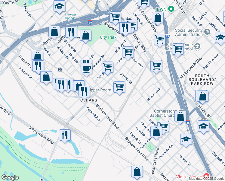 map of restaurants, bars, coffee shops, grocery stores, and more near 1402 Corinth Street in Dallas
