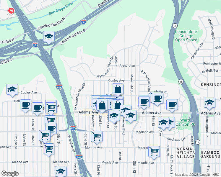 map of restaurants, bars, coffee shops, grocery stores, and more near 4843 Felton Street in San Diego