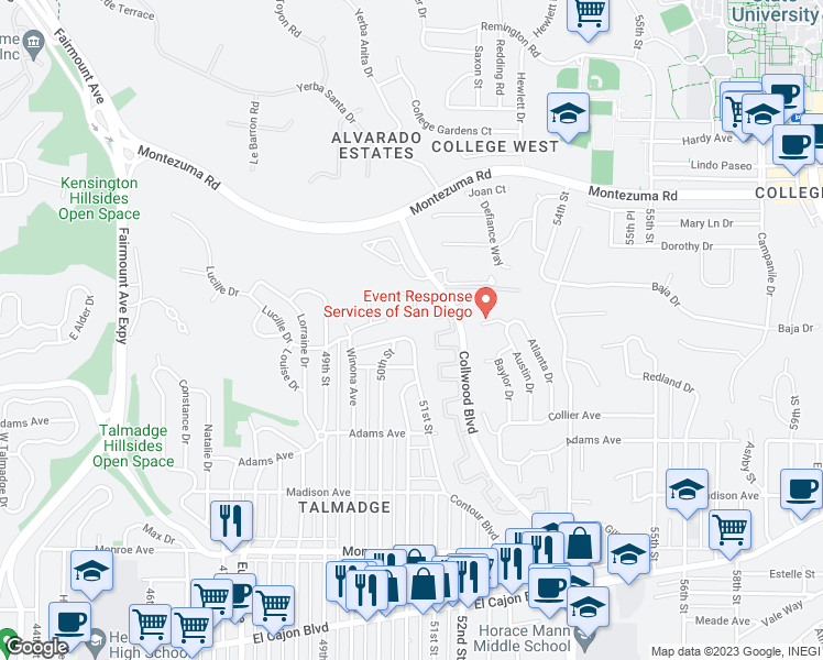 map of restaurants, bars, coffee shops, grocery stores, and more near 5026 Dick Street in San Diego