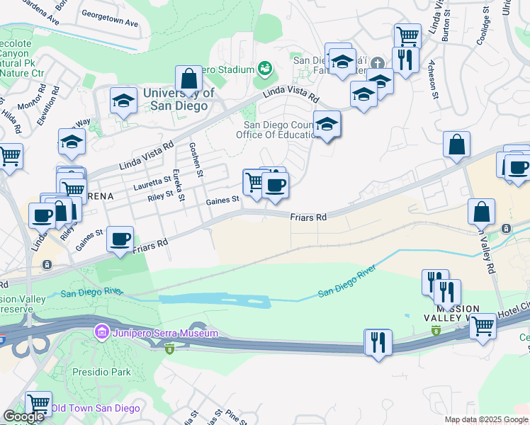 map of restaurants, bars, coffee shops, grocery stores, and more near Friars Rd & Via Las Cumbres in San Diego
