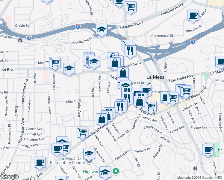 map of restaurants, bars, coffee shops, grocery stores, and more near 4815 Lee Avenue in La Mesa