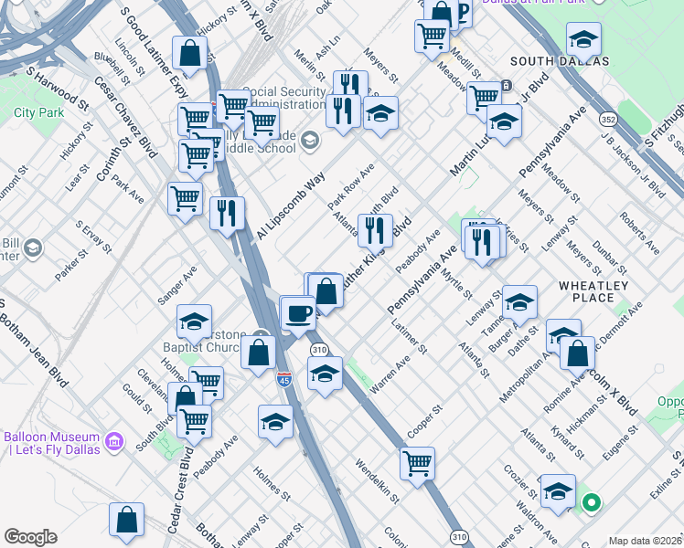 map of restaurants, bars, coffee shops, grocery stores, and more near 2433 Martin Luther King Junior Boulevard in Dallas