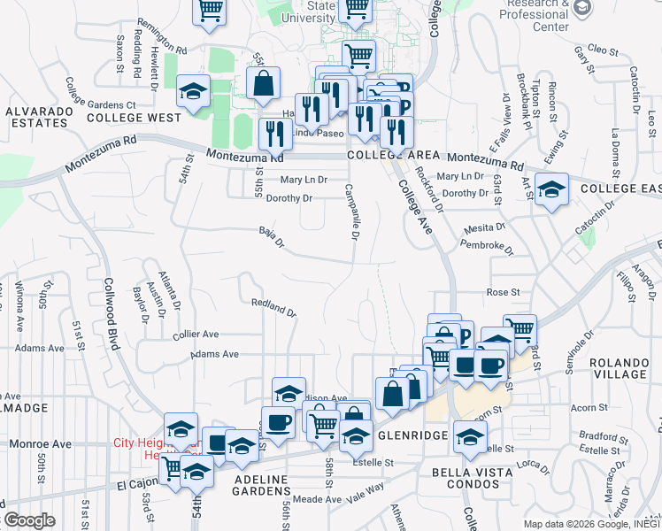 map of restaurants, bars, coffee shops, grocery stores, and more near 5727 Baja Drive in San Diego