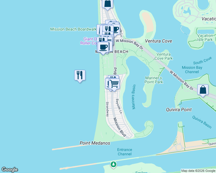 map of restaurants, bars, coffee shops, grocery stores, and more near 720 Devon Court in San Diego
