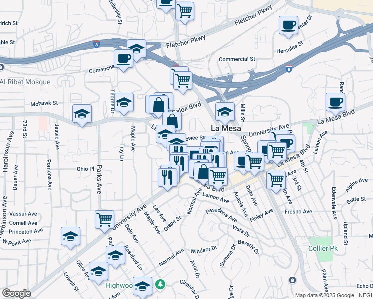 map of restaurants, bars, coffee shops, grocery stores, and more near 7914 La Mesa Boulevard in La Mesa