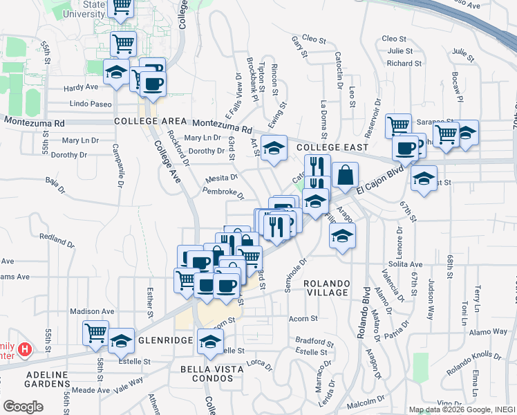 map of restaurants, bars, coffee shops, grocery stores, and more near 4808 63rd Street in San Diego