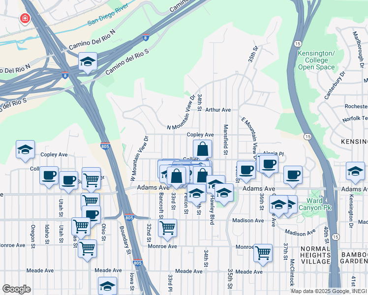 map of restaurants, bars, coffee shops, grocery stores, and more near 4844 Felton Street in San Diego
