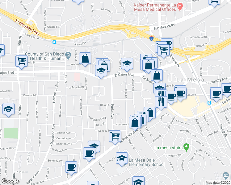 map of restaurants, bars, coffee shops, grocery stores, and more near 7654 Marie Avenue in La Mesa