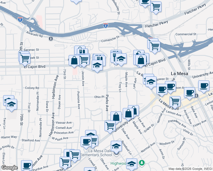 map of restaurants, bars, coffee shops, grocery stores, and more near 4752 Parks Avenue in La Mesa