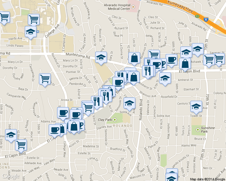 map of restaurants, bars, coffee shops, grocery stores, and more near 6456 El Cajon Boulevard in San Diego