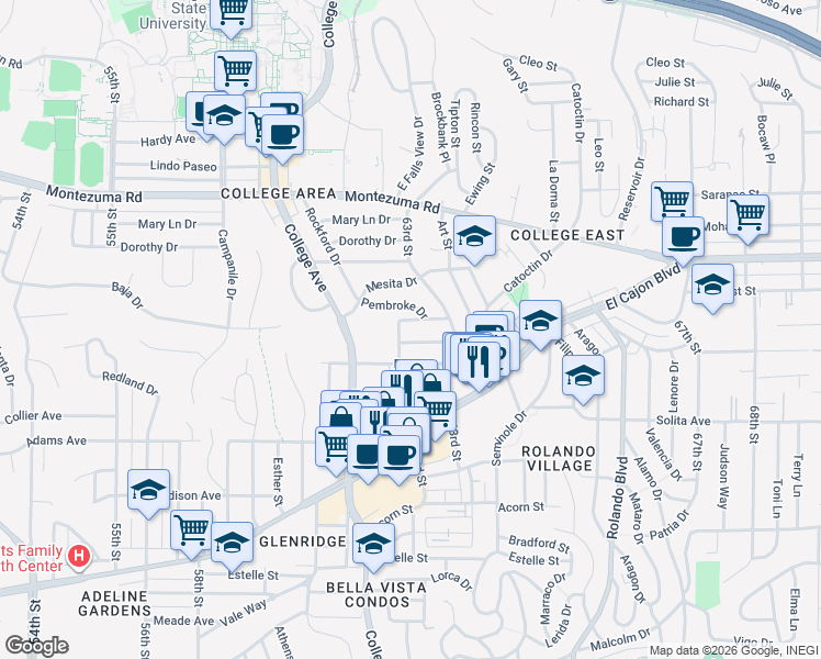 map of restaurants, bars, coffee shops, grocery stores, and more near 6234 Stewart Street in San Diego