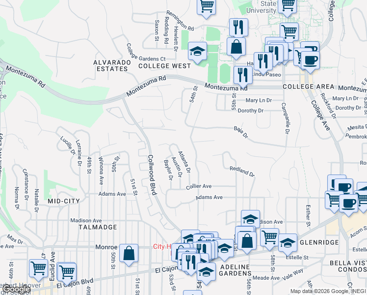 map of restaurants, bars, coffee shops, grocery stores, and more near 4858 Atlanta Drive in San Diego
