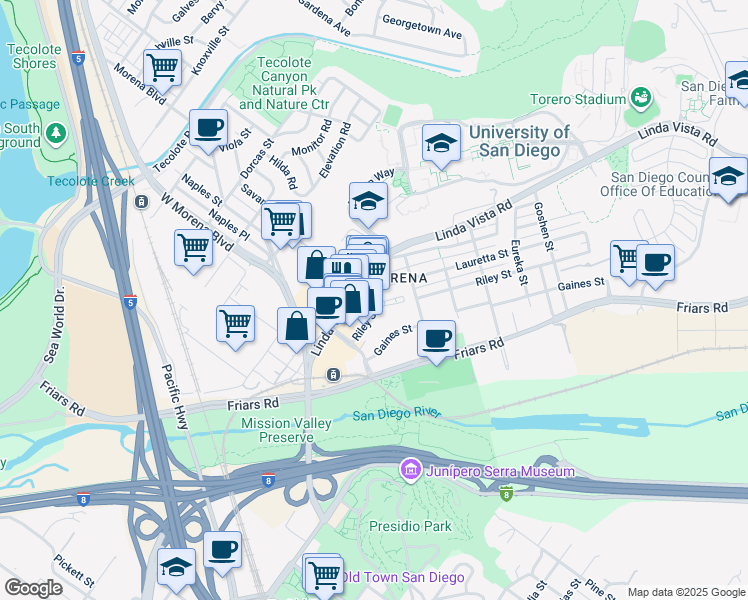 map of restaurants, bars, coffee shops, grocery stores, and more near 5280 Riley Street in San Diego