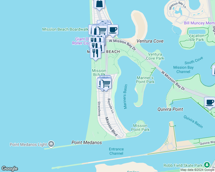 map of restaurants, bars, coffee shops, grocery stores, and more near 2921 Bayside Lane in San Diego