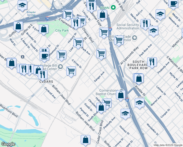 map of restaurants, bars, coffee shops, grocery stores, and more near 2518 South Ervay Street in Dallas
