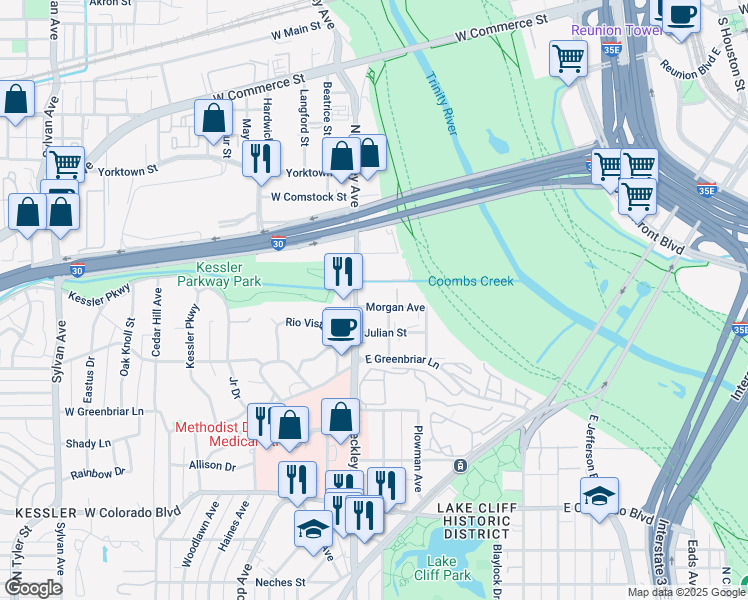map of restaurants, bars, coffee shops, grocery stores, and more near in Dallas
