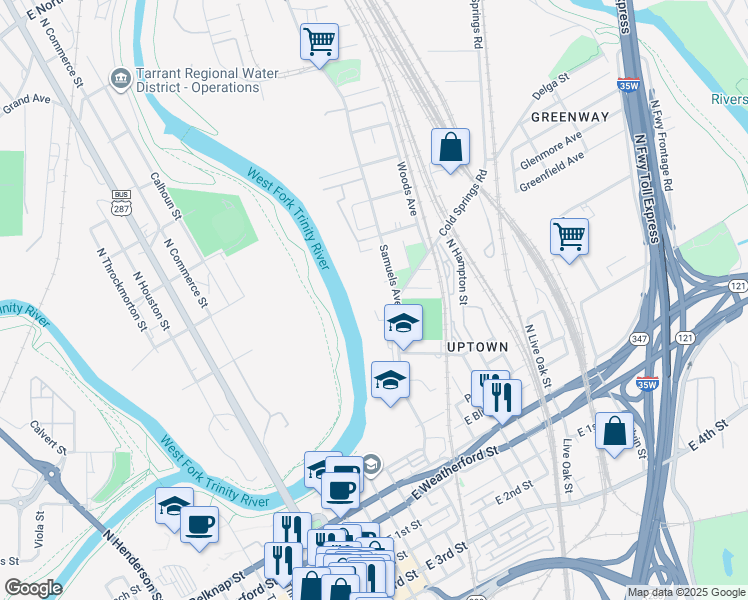 map of restaurants, bars, coffee shops, grocery stores, and more near 637 Samuels Avenue in Fort Worth