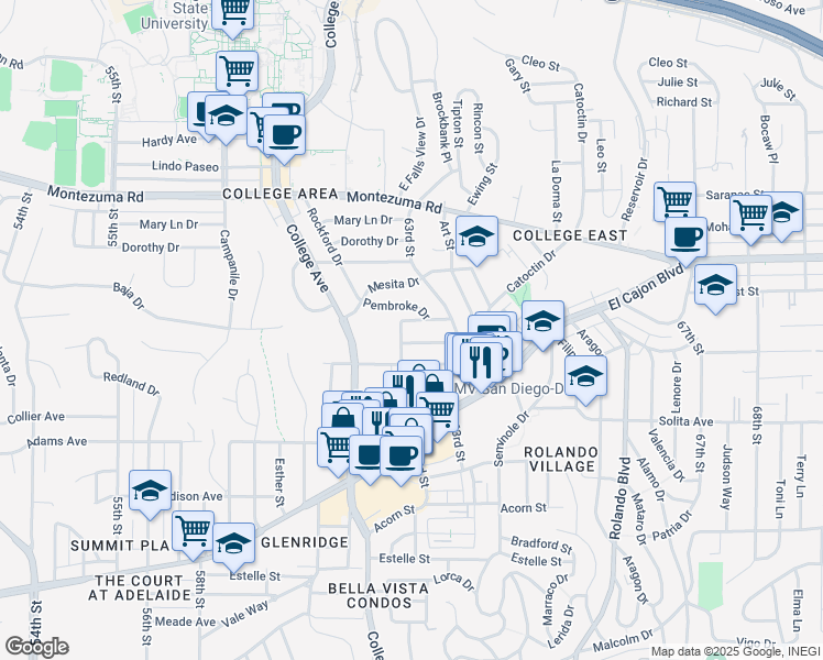 map of restaurants, bars, coffee shops, grocery stores, and more near 6234 Stewart Street in San Diego