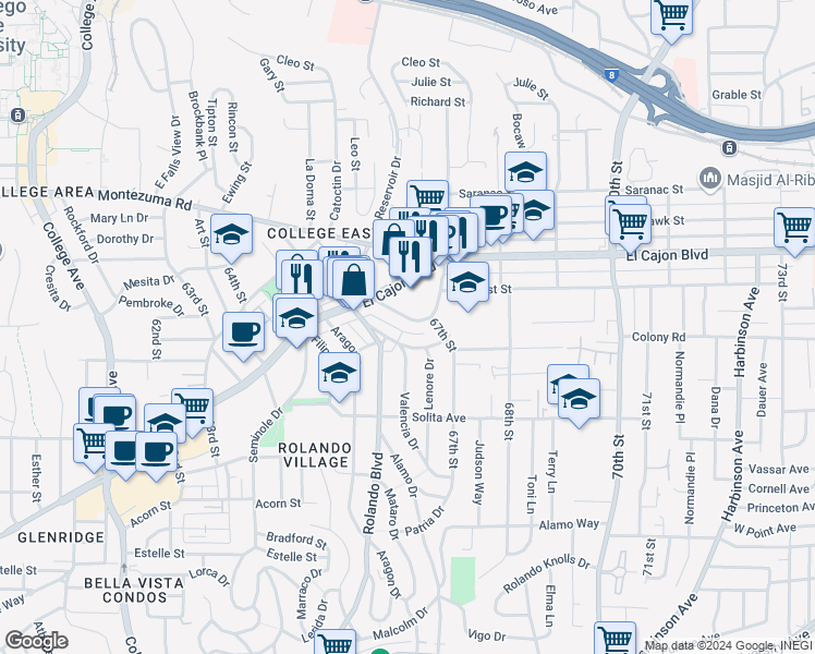 map of restaurants, bars, coffee shops, grocery stores, and more near 6665 Amherst Street in San Diego