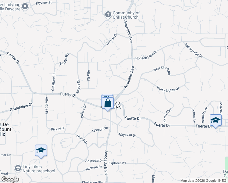 map of restaurants, bars, coffee shops, grocery stores, and more near 10956 Calavo Drive in La Mesa