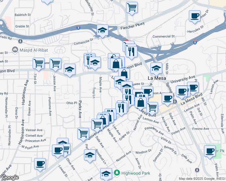 map of restaurants, bars, coffee shops, grocery stores, and more near 4815 Lee Avenue in La Mesa