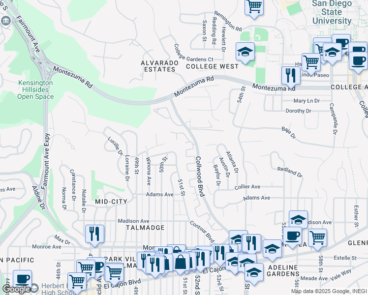 map of restaurants, bars, coffee shops, grocery stores, and more near 4611 Collwood Lane in San Diego