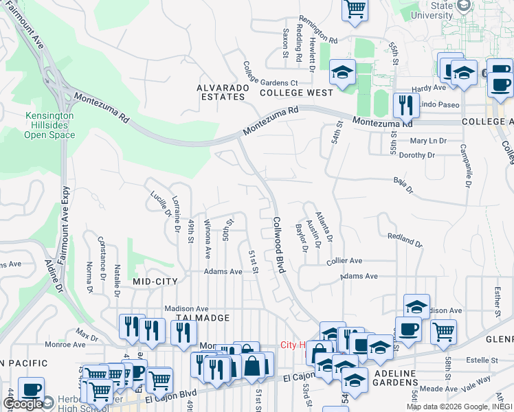 map of restaurants, bars, coffee shops, grocery stores, and more near 4849 51st Street in San Diego