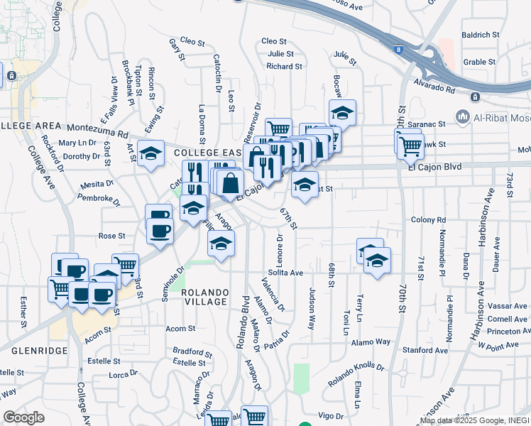 map of restaurants, bars, coffee shops, grocery stores, and more near 6665 Amherst Street in San Diego