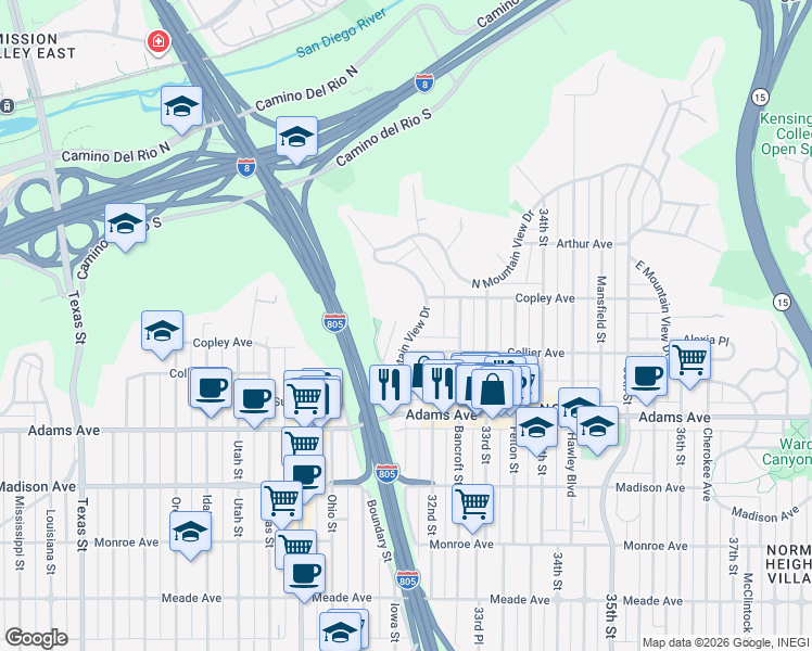map of restaurants, bars, coffee shops, grocery stores, and more near 4828 West Mountain View Drive in San Diego