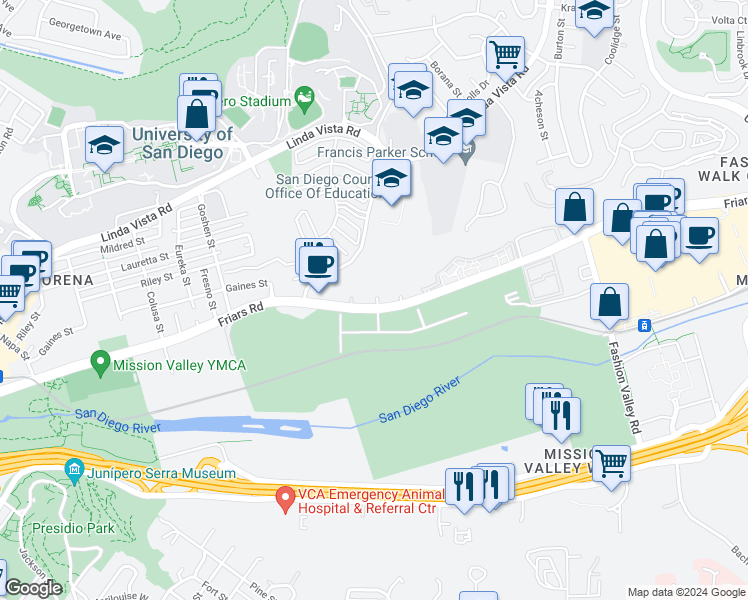 map of restaurants, bars, coffee shops, grocery stores, and more near 6304 Friars Road in San Diego