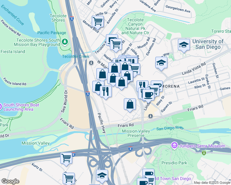map of restaurants, bars, coffee shops, grocery stores, and more near 1033 Cudahy Place in San Diego