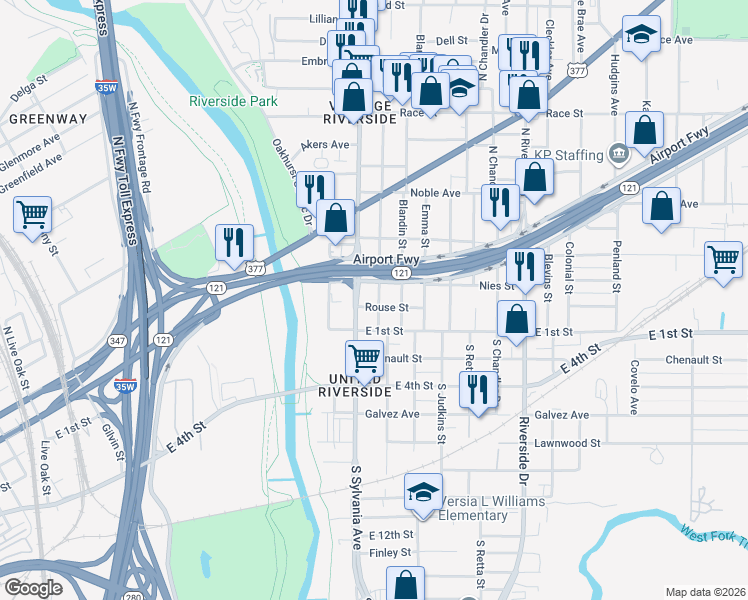map of restaurants, bars, coffee shops, grocery stores, and more near 2612 Rouse Street in Fort Worth