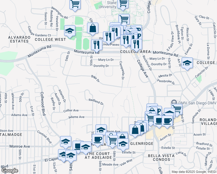 map of restaurants, bars, coffee shops, grocery stores, and more near 5718 Campanile Way in San Diego