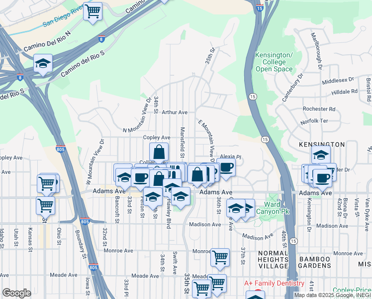 map of restaurants, bars, coffee shops, grocery stores, and more near 4847-53 Mansfield Street in San Diego