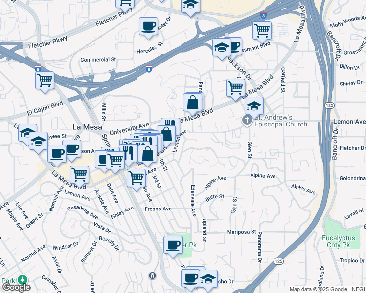 map of restaurants, bars, coffee shops, grocery stores, and more near 8440 Hillcrest Avenue in La Mesa
