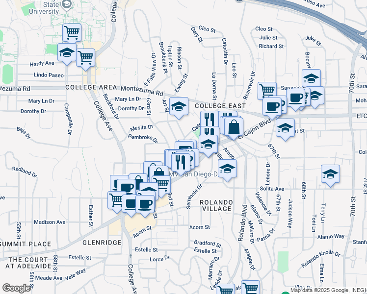 map of restaurants, bars, coffee shops, grocery stores, and more near 4847 Art Street in San Diego