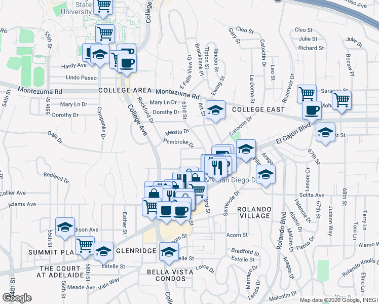 map of restaurants, bars, coffee shops, grocery stores, and more near 6234 Stewart Street in San Diego